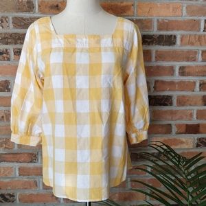 Time and Tru Yellow Gingham Square Neck Peasant Blouse 3/4 Sleeve Top S Small B6